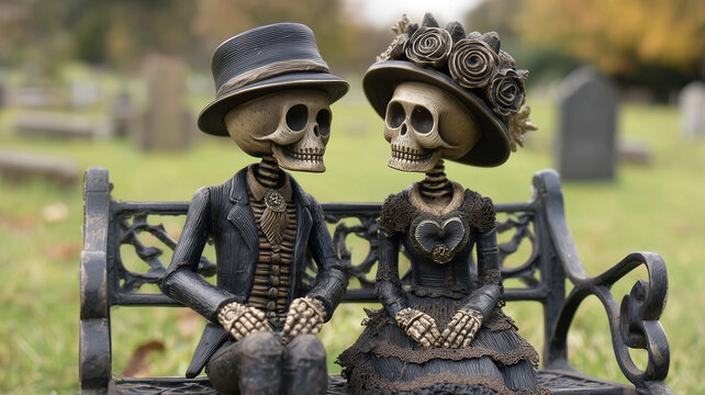 A detailed shows two skeleton figurines a male and a female sitting on a black metal park bench. the male skeleton is on the left wearing a dark fedora and dark textured pants. Ai generated