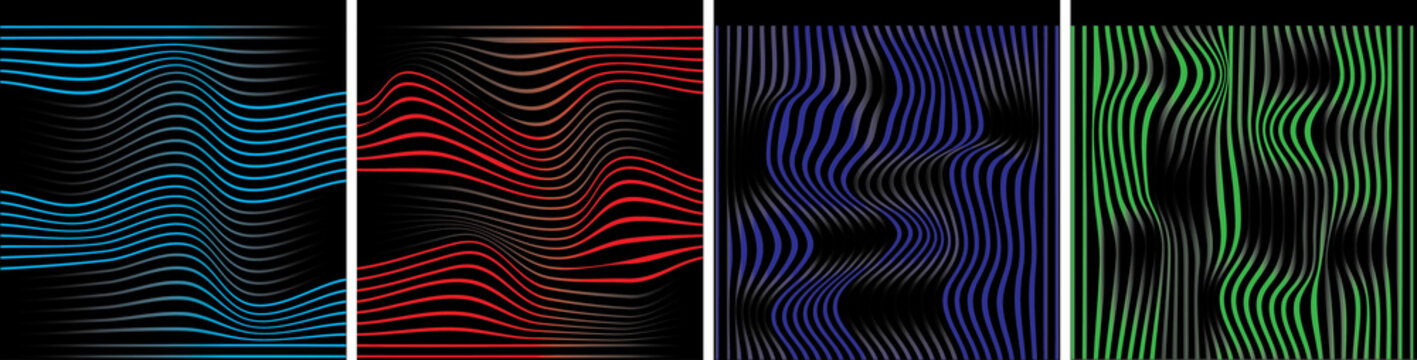 Abstract Wavy Line Pattern Background Set with Vibrant Cyan, Red, Blue, and Green Neon Colors on Black.