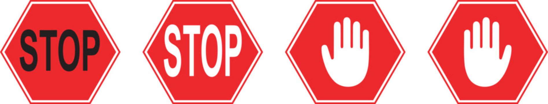 Red stop signs with black and white text and hand