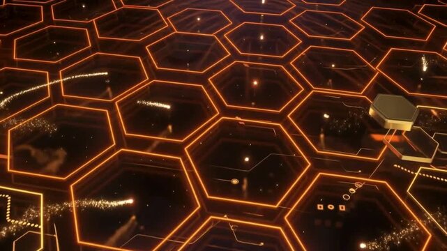 Glowing orange hexagonal grid pattern with moving light particles and futuristic honeycomb structure representing digital connectivity high-tech energy flow and complex data network systems