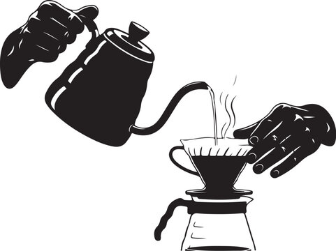 Black and white of hands pouring hot water from kettle coffee