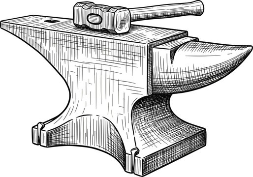Hand drawn vintage blacksmith anvil with heavy hammer vector illustration for metalwork forge workshop and industrial craftsmanship branding