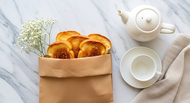 Brown Bag with Toasted Baguette Slices and White Flowers on Marble Table with Tea Set