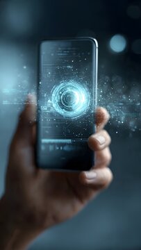 Smartphone with holographic surveillance icon, data charts, code, binary, blue light.