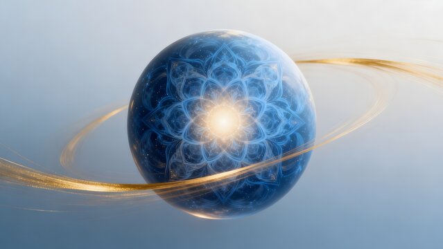 Blue sphere with golden orbit and intricate pattern