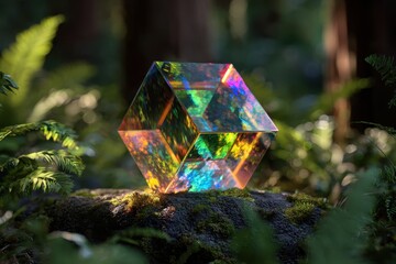 Naklejka premium Geometric crystal refracting light on mossy forest ground