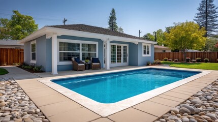 Fototapeta premium Modern Backyard Pool with Cozy Seating Area Surrounded by Lush Greenery and Pebble Stones in Bright Sunny Day