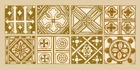 medieval tile pattern set vintage floral and cross designs © Sujal
