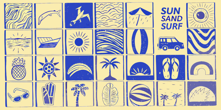 Summer themed tile pattern with blue illustrations on cream background