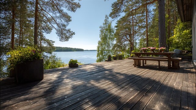 Wooden Deck with Outdoor Seating Overlooking a Lake / 湖を見下ろす屋外シーティングのある木製デッキ