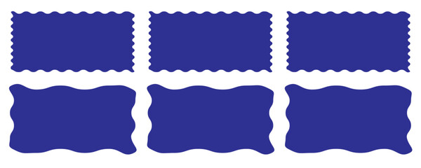 Fototapeta premium Set or rectangular shapes with squiggly borders. Tags, labels, stamps, crackers, coupons rectangle boxes with curvy, wiggly, wavy edges isolated on white background. Vector flat illustration.