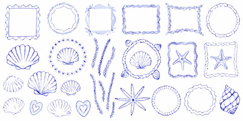 Nautical sketch collection with shells starfish and rope frames © Sujal