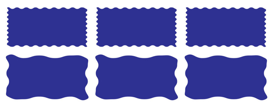 Set or rectangular shapes with squiggly borders. Tags, labels, stamps, crackers, coupons rectangle boxes with curvy, wiggly, wavy edges isolated on white background. Vector flat illustration.