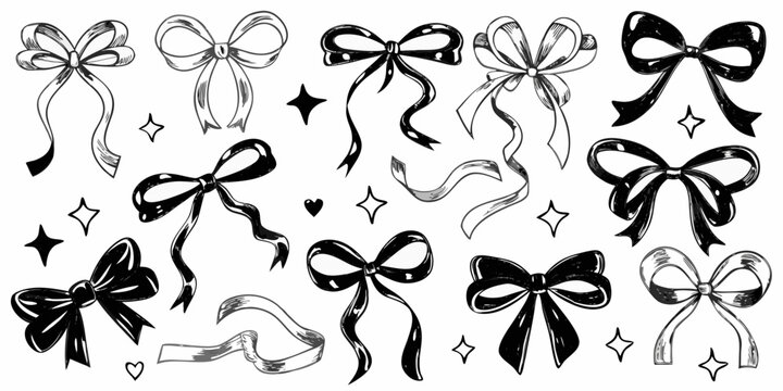 Hand Drawn Bows Set Black and White Vector Illustration