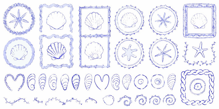 nautical sketch collection with seashells starfish and coral frames