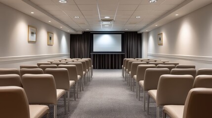 Fototapeta premium Modern conference room with empty chairs and a projection screen, ideal for meetings, presentations, and corporate events in a professional setting
