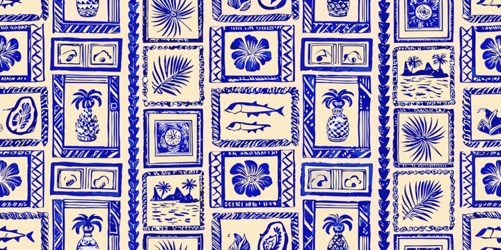 seamless tropical pattern with blue botanical and animal illustrations