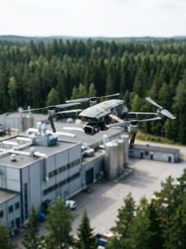 Camouflage military drone hovering over industrial factory plant. Surveillance quadcopter for security monitoring and recon mission. Modern defense technology and tactical area inspection.
