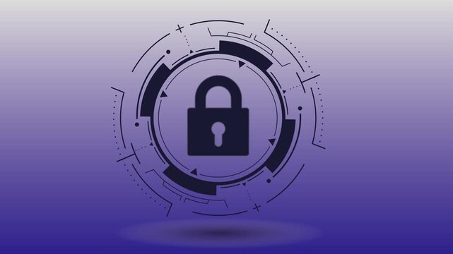 A digital illustration of a padlock within a circular security symbol on a purple gradient background.