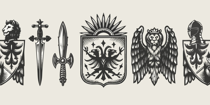 medieval heraldry silhouettes shields and weapons black and white