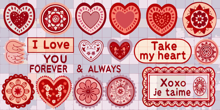Romantic papercut heart stickers collection with love messages red and pink