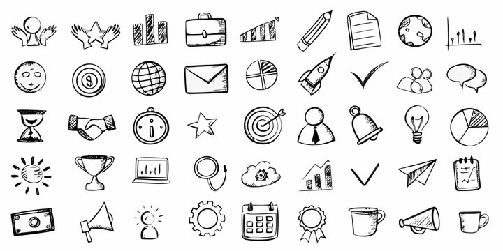 hand drawn doodle style business icons set black and white