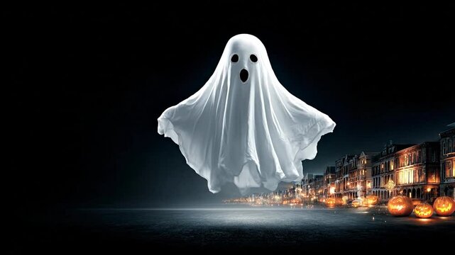 Floating ghost with outstretched arms against a dark backdrop