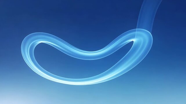 Slow motion tracking shot of translucent light ribbon flowing and looping against abstract blue gradient sky background