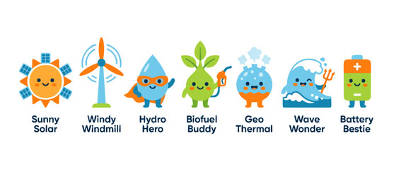 Fototapeta premium Renewable Energy Characters Set, Cute Sustainable Power Icons for Solar Wind Hydro Biofuel Geothermal Wave and Battery Technology, Flat Vector Illustration for Environmental Education and Eco Friendly