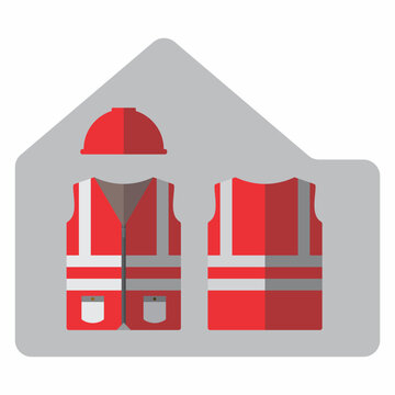 Professional Red Safety Gear Vector Set, Front Back High Visibility Vest and Helmet Construction Icon Collection, Ideal for creating occupational health and safety manuals, worker training materials, 