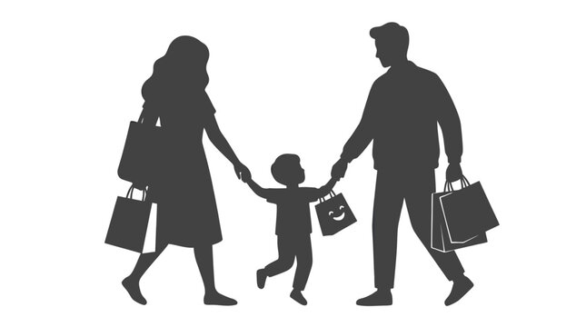 A family of three, including a man, woman, and child, walking together while holding hands and shopping bags in a simple black silhouette against a clean white background.