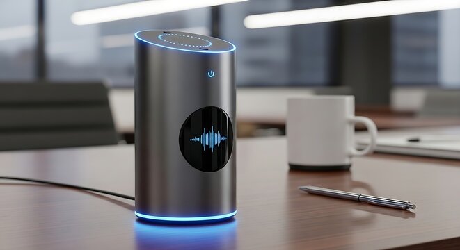 Smart speaker on office desk with coffee.