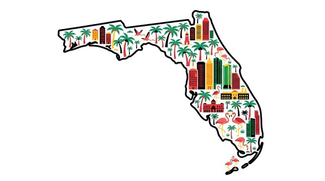 Florida State Map Silhouette with Tropical Icons and City Skylines
