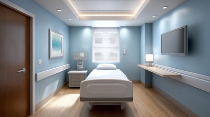 Fototapeta premium Modern Hospital Room Interior with Clean Design, Neutral Colors, and Comfortable Furniture Ideal for Medical and Healthcare Settings