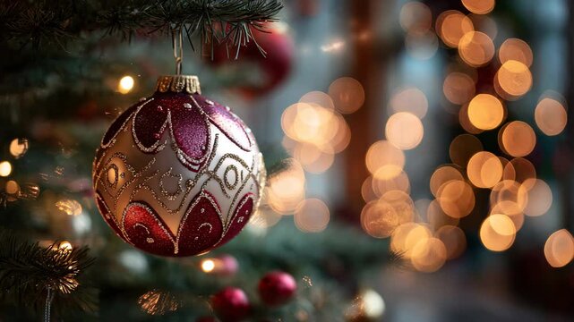 Christmas ornament red bauble decoration tree festive holiday bokeh