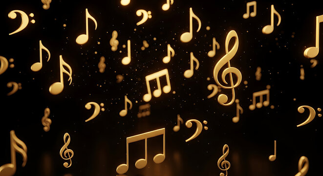 Floating 3D Golden Music Notes and Clefs on Black Background