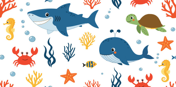 Seamless pattern of cute cartoon sea animals including shark whale turtle crab and seahorse with coral reefs for children wallpaper and fabric textile design