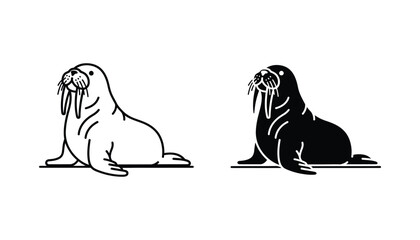 Walrus animal icon in line art and solid black silhouette for wildlife and arctic themes presented on a white background © TARU STOCKPLC