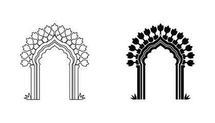 Ornate arched doorway with floral embellishments in vector illustration two styles outline and solid black on white background for architectural and decorative themes © TARU STOCKPLC
