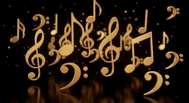 Decorative 3D Golden Musical Signs with Subtle Cinematic Glow