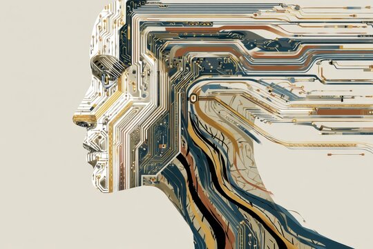 Abstract human head made of circuit board lines and wires