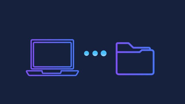 Animated motion graphics of a laptop connecting to a digital folder with pulsing dots. Conceptualizing file transfer, data synchronization, and document management on a dark blue background