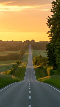 Pixel art of a long straight road leading to the horizon in a green landscape