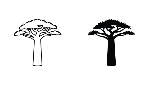 Iconic baobab tree silhouette and outline line art vector illustrations