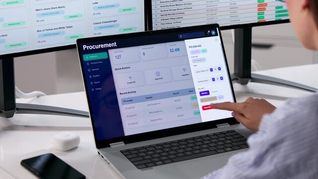 Procurement Manager Reviews Supplier Data On Multiple Screens