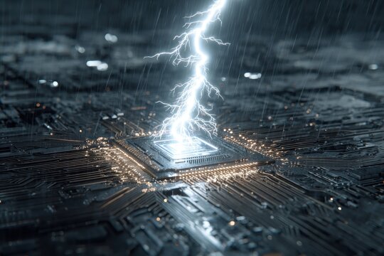 Lightning strike on computer chip during rainstorm