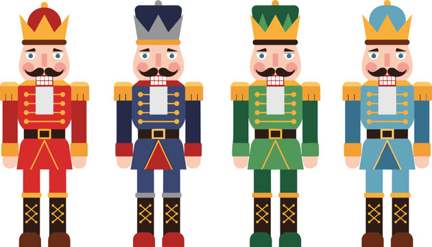 Nutcracker toy soldier set in colorful costumes Christmas vector illustration collection