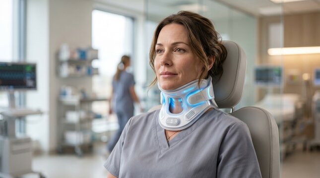 Patient wearing a sleek futuristic smart cervical collar for neck healing