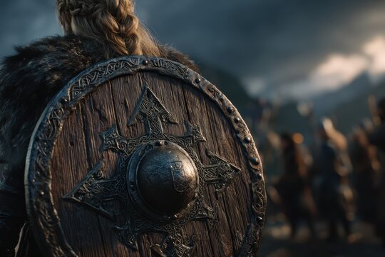 Viking warrior with shield in battle preparation outdoors