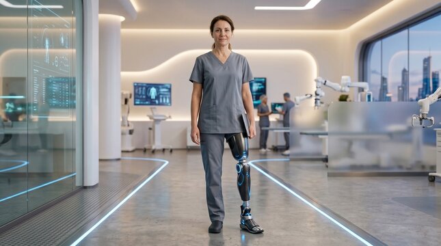 Patient with a sleek futuristic carbon fiber bionic prosthetic leg